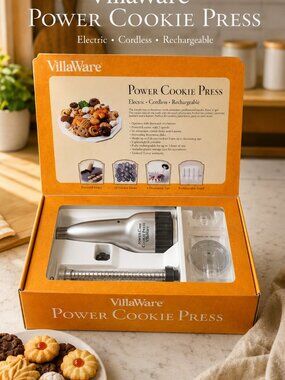 VillaWare Power Cookie Press Cordless Rechargeable Discs 4 Icing Tips Boxed